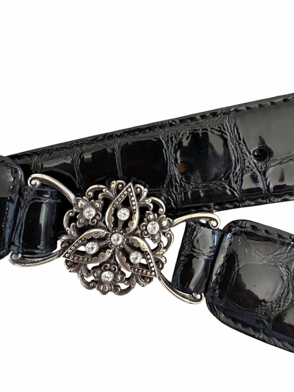 Vintage Brighton Black Croc Embossed Leather Belt Silver Crystal Buckle Size 32 - Picture 9 of 13
